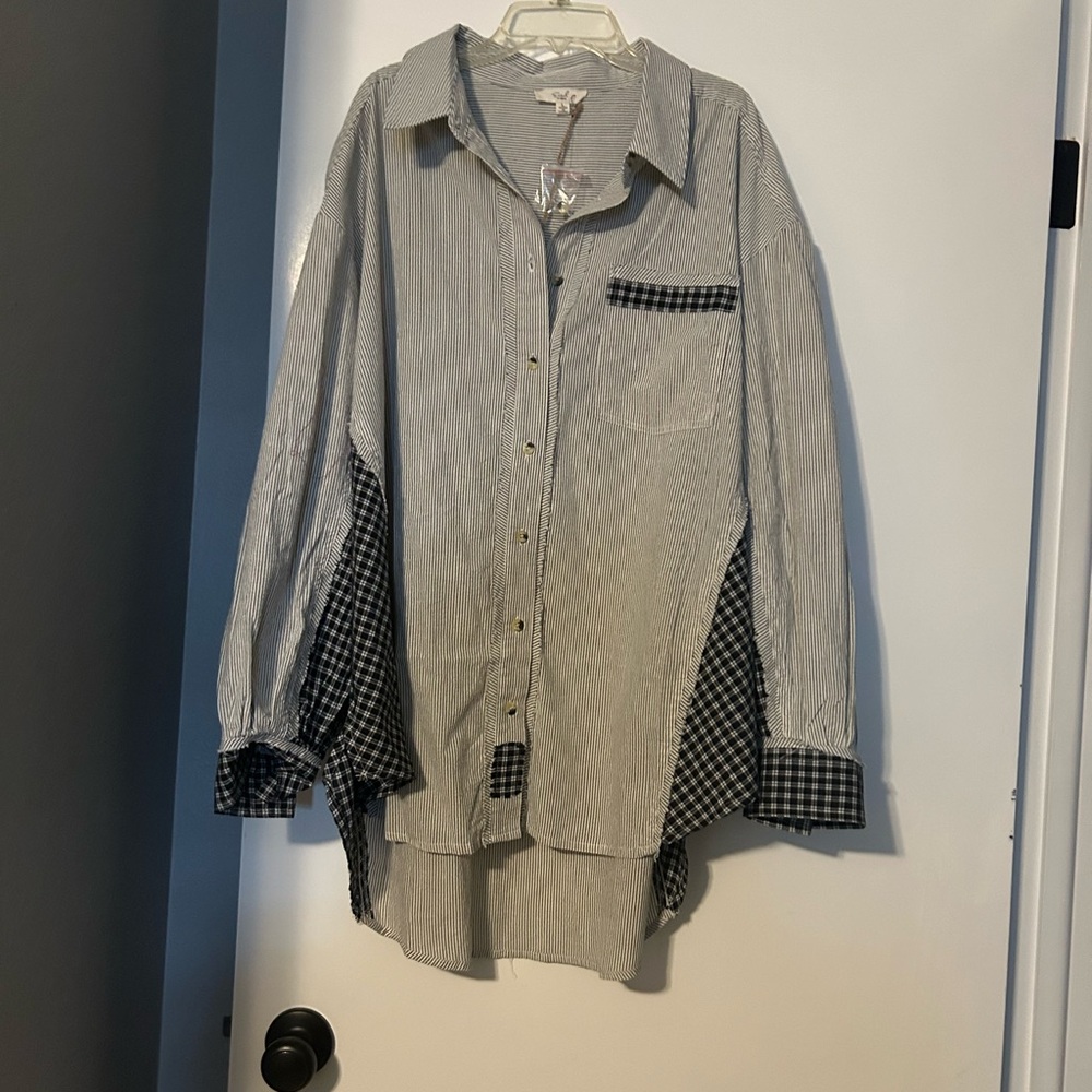 Striped Button-Up Shirt with Checkered Accents